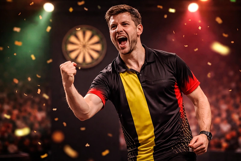 Belgische darter viert een overwinning met gebalde vuist