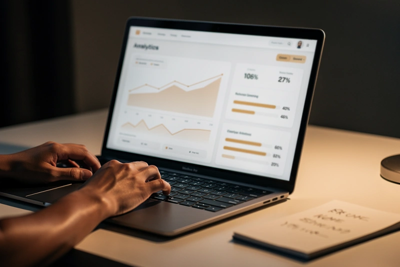 Laptop met darts statistieken en grafieken voor analyse